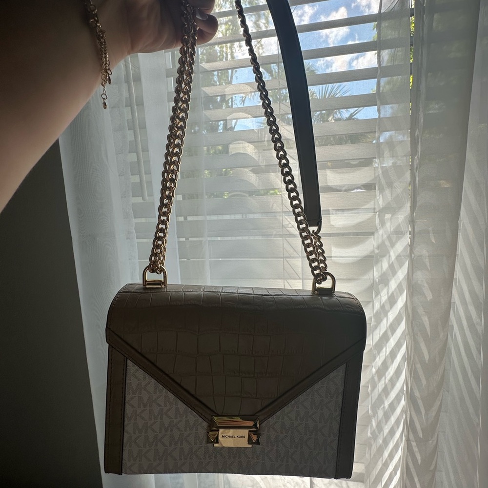 Michael Kors Monogram Flap Chain Crossbody Bag Beige Gold Like New + Dust Bag